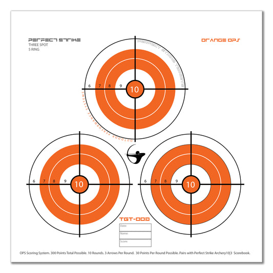 Perfect Strike ARCHERY System Targets. ORANGE OPS No. 003. Three Spot Targets. 12" x 12".