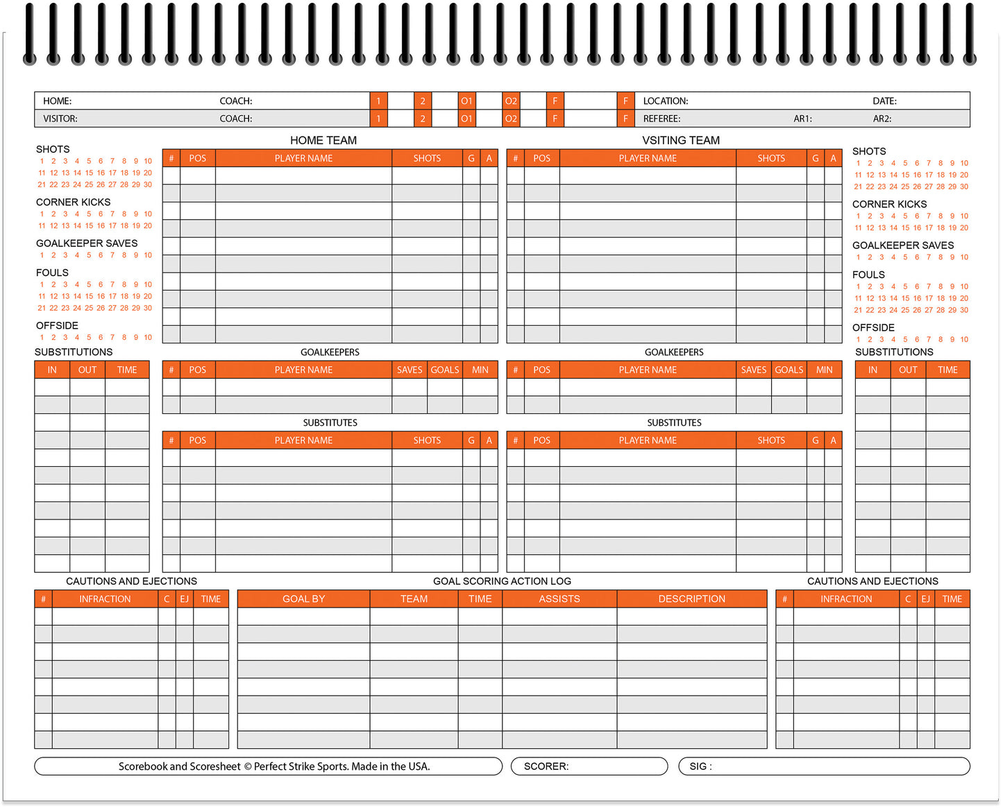 Perfect Strike SOCCER Scorebook with Rules and Scoring Instructions : Heavy Duty. Adult and Youth Soccer. TS-11-7-H