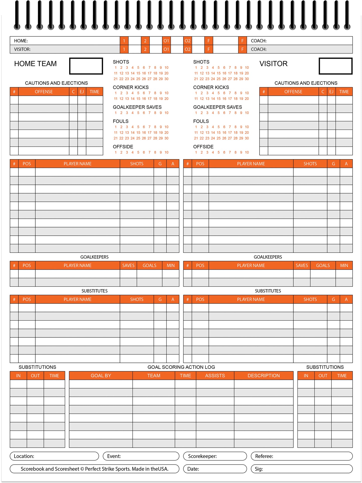 Perfect Strike SOCCER Scorebook with Rules and Scoring Instructions : Heavy Duty. Adult and Youth Soccer. TS-11-7W-V
