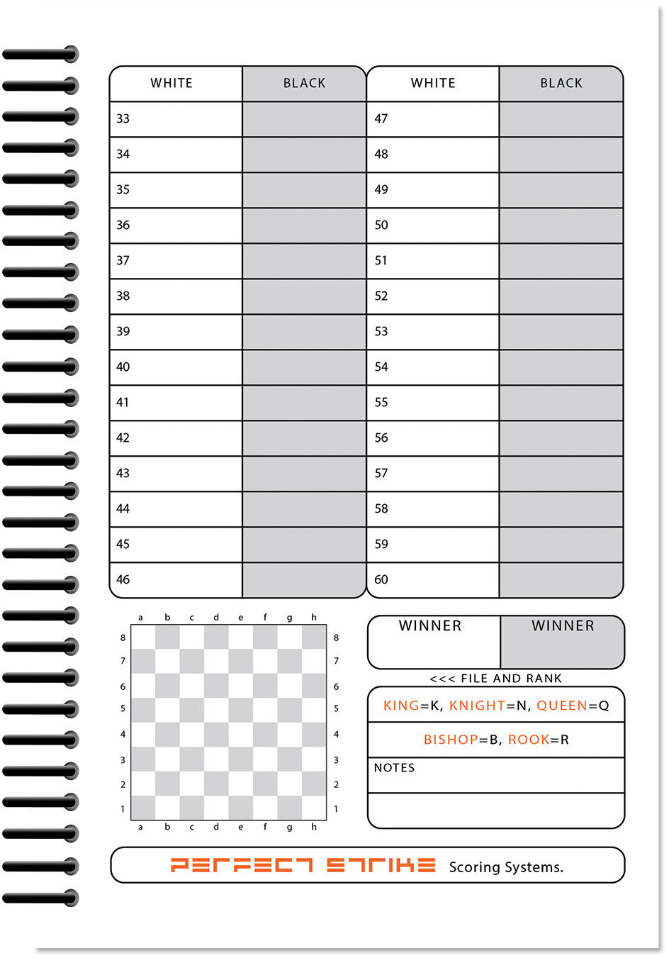 Perfect Strike Chess SCOREBOOK with Rules and Scoring Instructions. Heavy duty. Practice and Competition. (5.5" x 8.5") LS-100:60