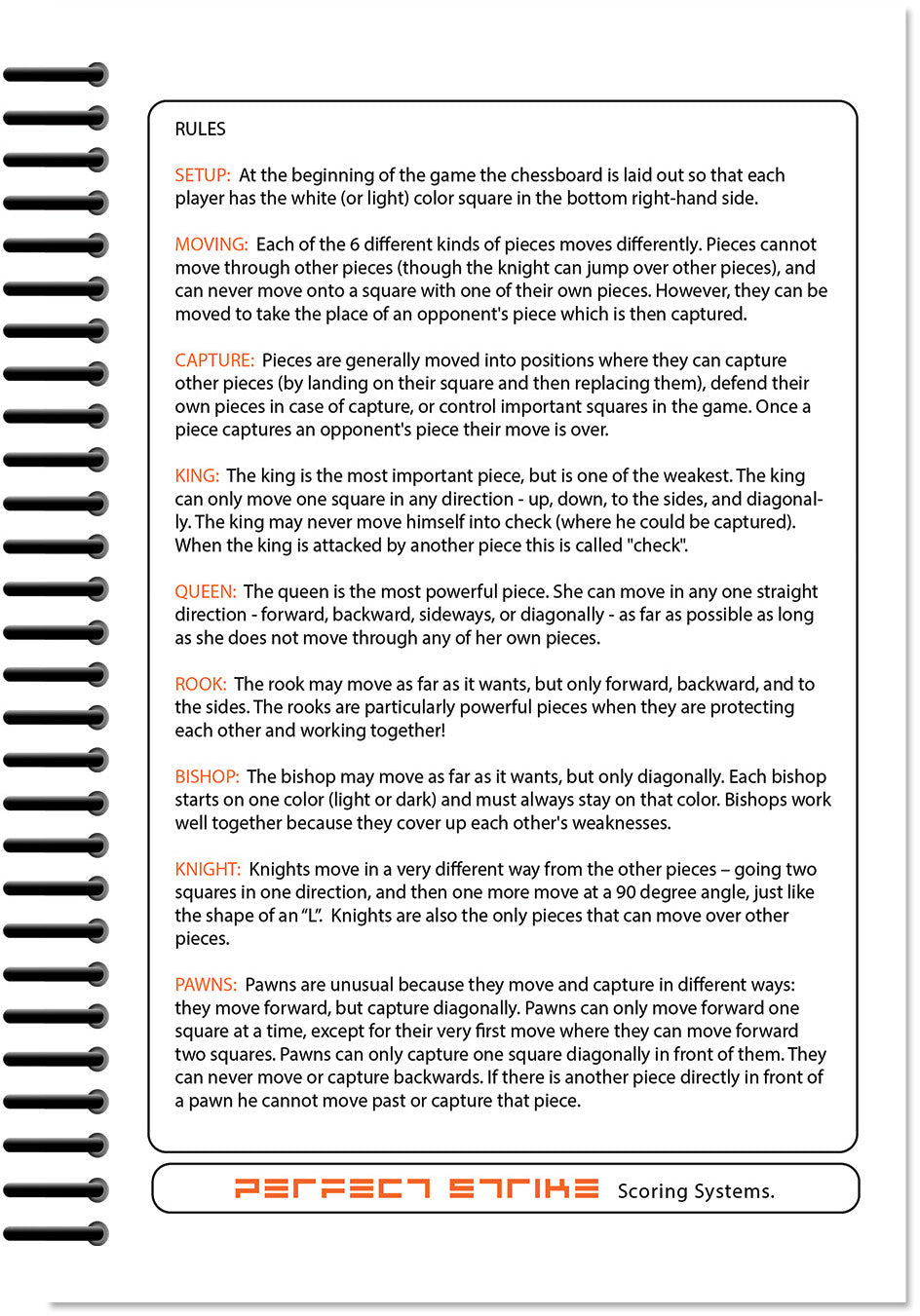 Perfect Strike Chess SCOREBOOK with Rules and Scoring Instructions. Heavy duty. Practice and Competition. (5.5" x 8.5") LS-100:60