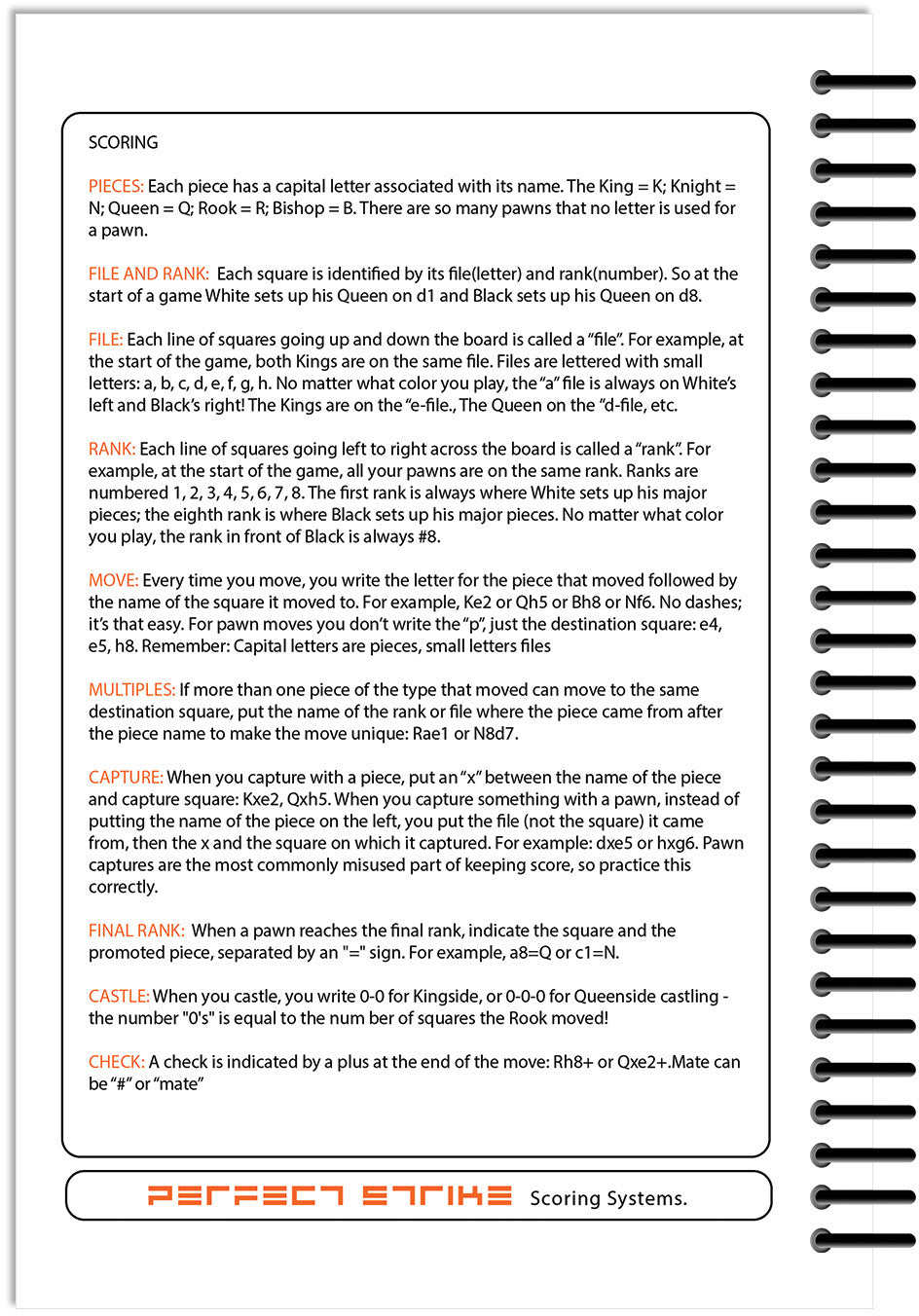 Perfect Strike Chess SCOREBOOK with Rules and Scoring Instructions. Heavy duty. Practice and Competition. (5.5" x 8.5") LS-100:60