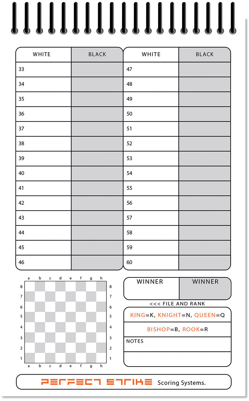 Perfect Strike Chess SCOREBOOK with Rules and Scoring Instructions. Heavy Duty. Practice and Competition. (5.5" x 8.5") TS-50:60