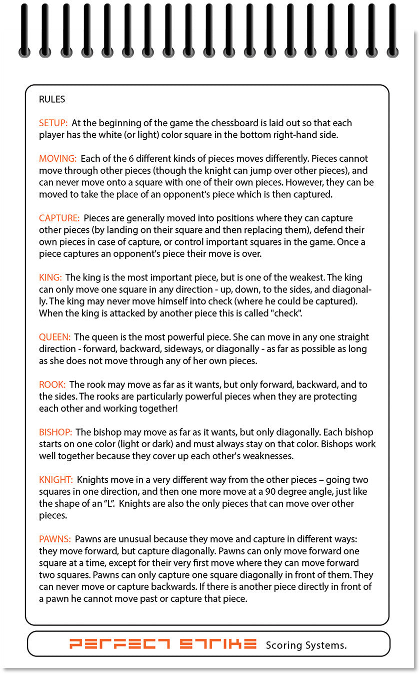 Perfect Strike Chess SCOREBOOK with Rules and Scoring Instructions. Heavy Duty. Practice and Competition. (5.5" x 8.5") TS-50:60