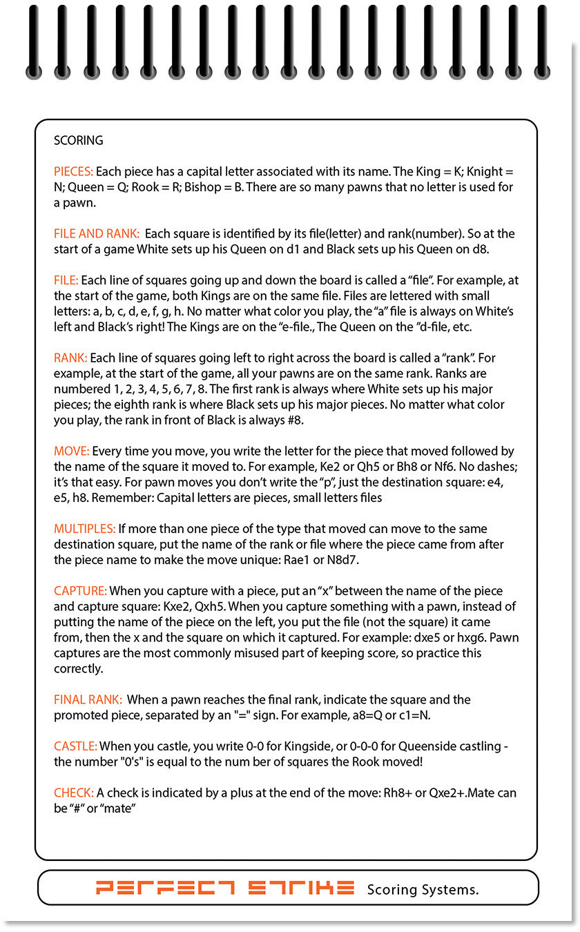 Perfect Strike Chess SCOREBOOK with Rules and Scoring Instructions. Heavy Duty. Practice and Competition. (5.5" x 8.5") TS-50:60