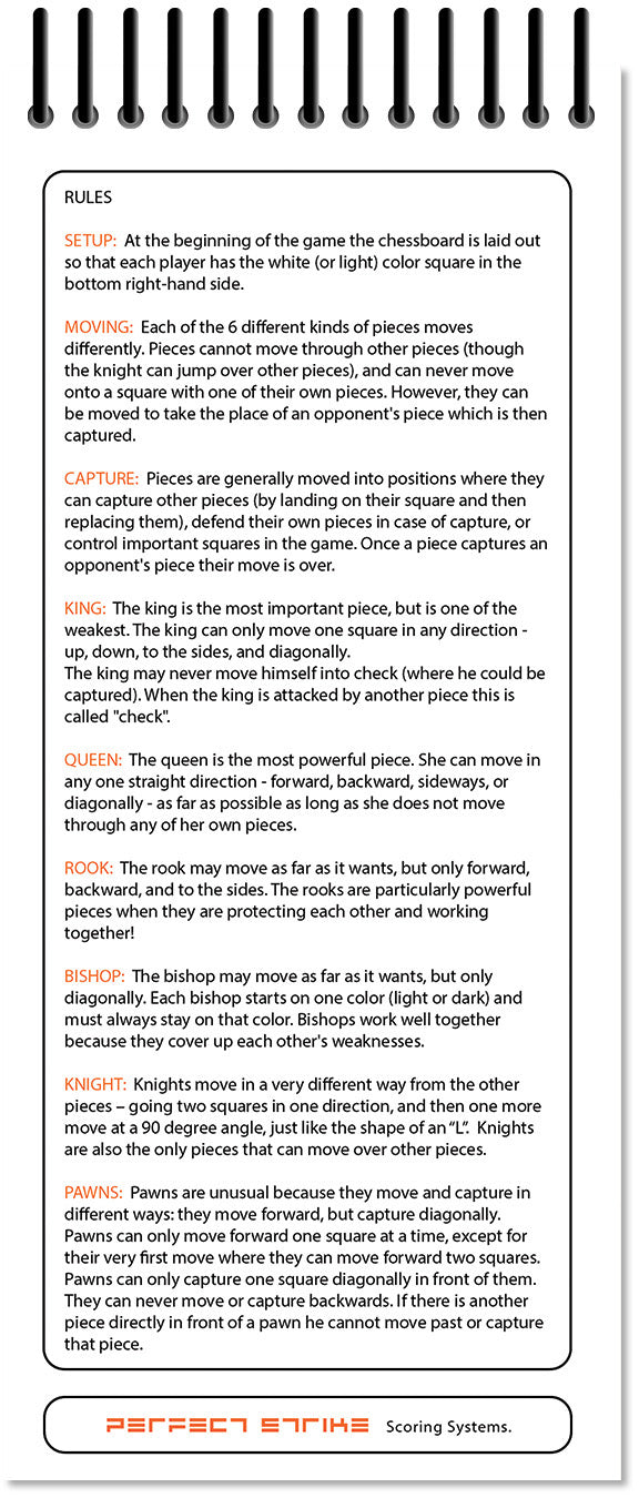 Perfect Strike Chess SCOREBOOK with Rules and Scoring Instructions. Heavy Duty. Practice and Competition. (3.5" x 8.5") TS-50:50