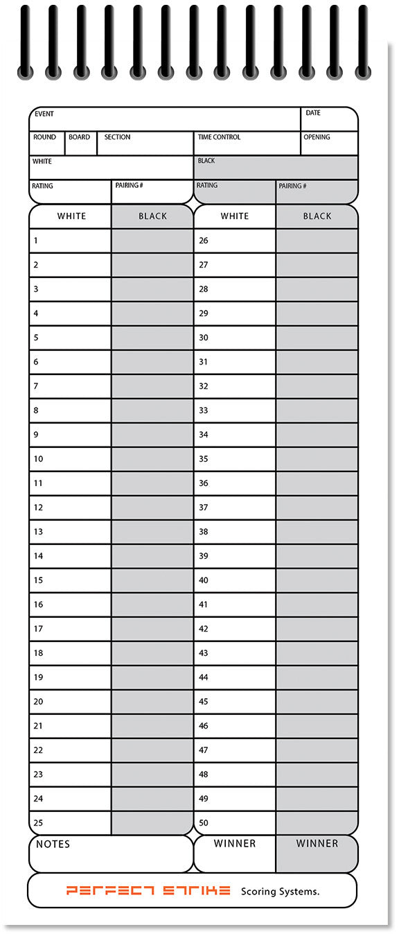Perfect Strike Chess SCOREBOOK with Rules and Scoring Instructions. Heavy Duty. Practice and Competition. (3.5" x 8.5") TS-50:50