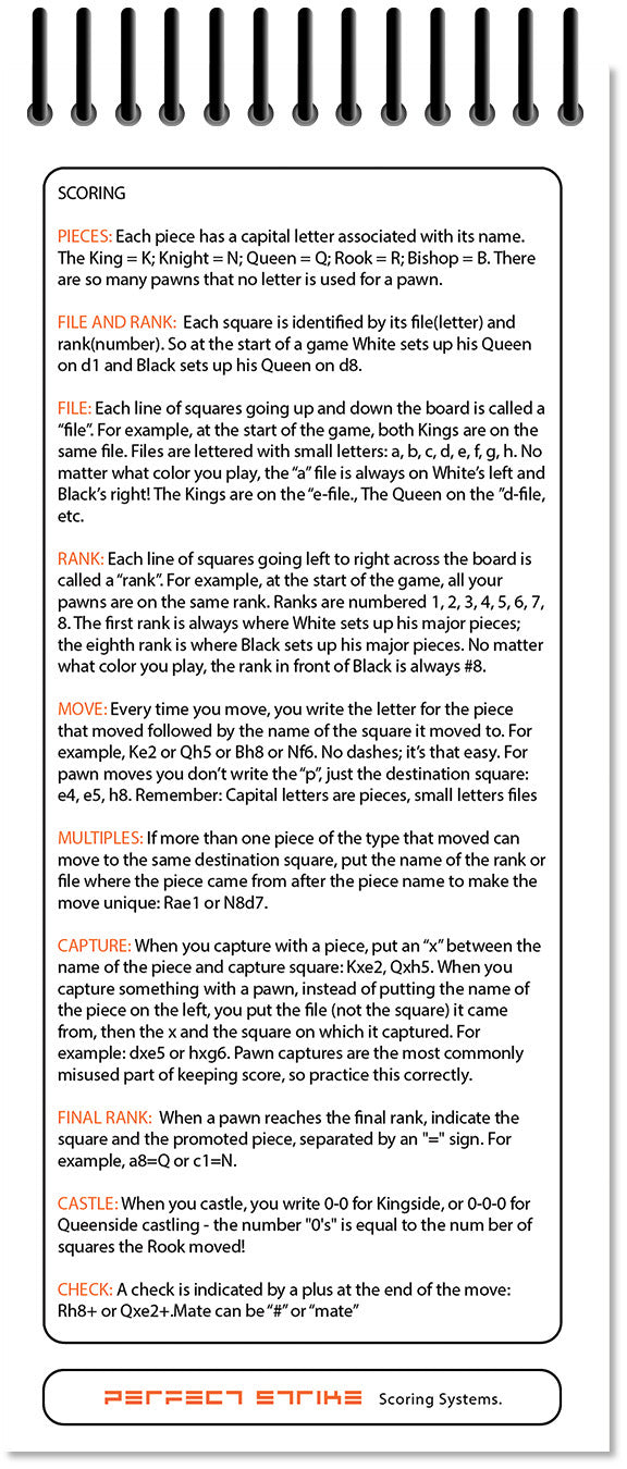 Perfect Strike Chess SCOREBOOK with Rules and Scoring Instructions. Heavy Duty. Practice and Competition. (3.5" x 8.5") TS-50:50