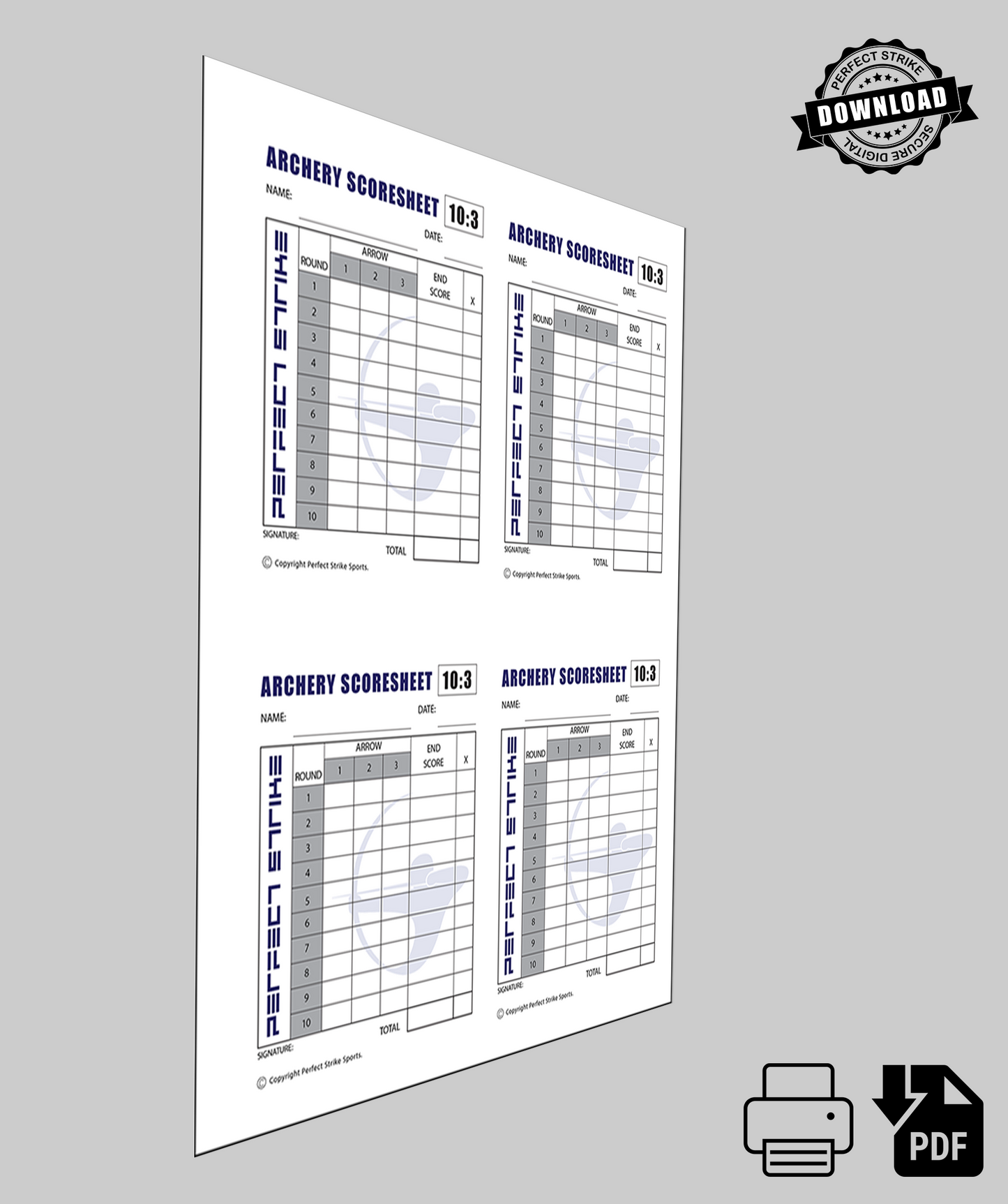 PRINT DOWNLOAD. Perfect Strike ARCHERY Scoresheet. Practice and Competition. (8.5" x 11") 10-3