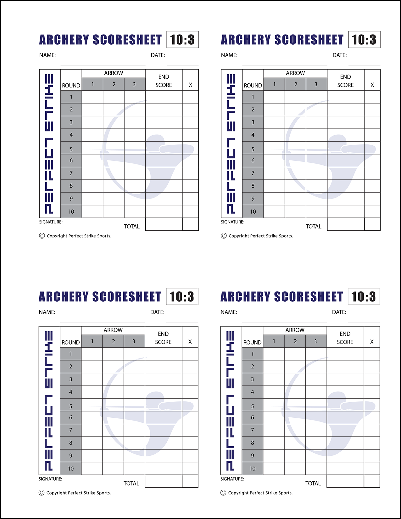 PRINT DOWNLOAD. Perfect Strike ARCHERY Scoresheet. Practice and Competition. (8.5" x 11") 10-3