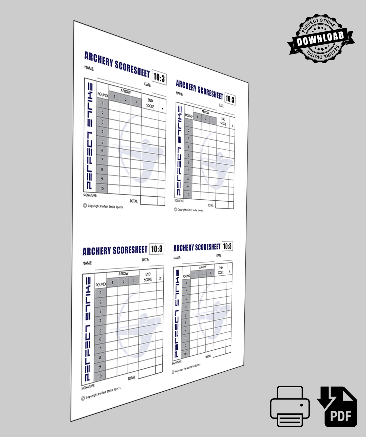 PRINT DOWNLOAD. Perfect Strike ARCHERY Scoresheet. Practice and Competition. (8.5" x 11") 10-3