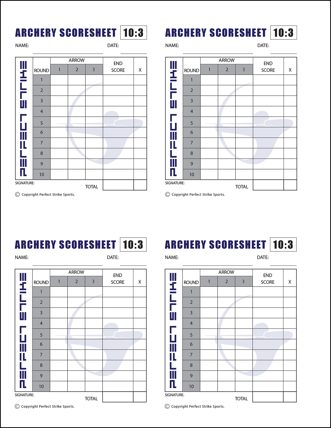 PRINT DOWNLOAD. Perfect Strike ARCHERY Scoresheet. Practice and Competition. (8.5" x 11") 10-3