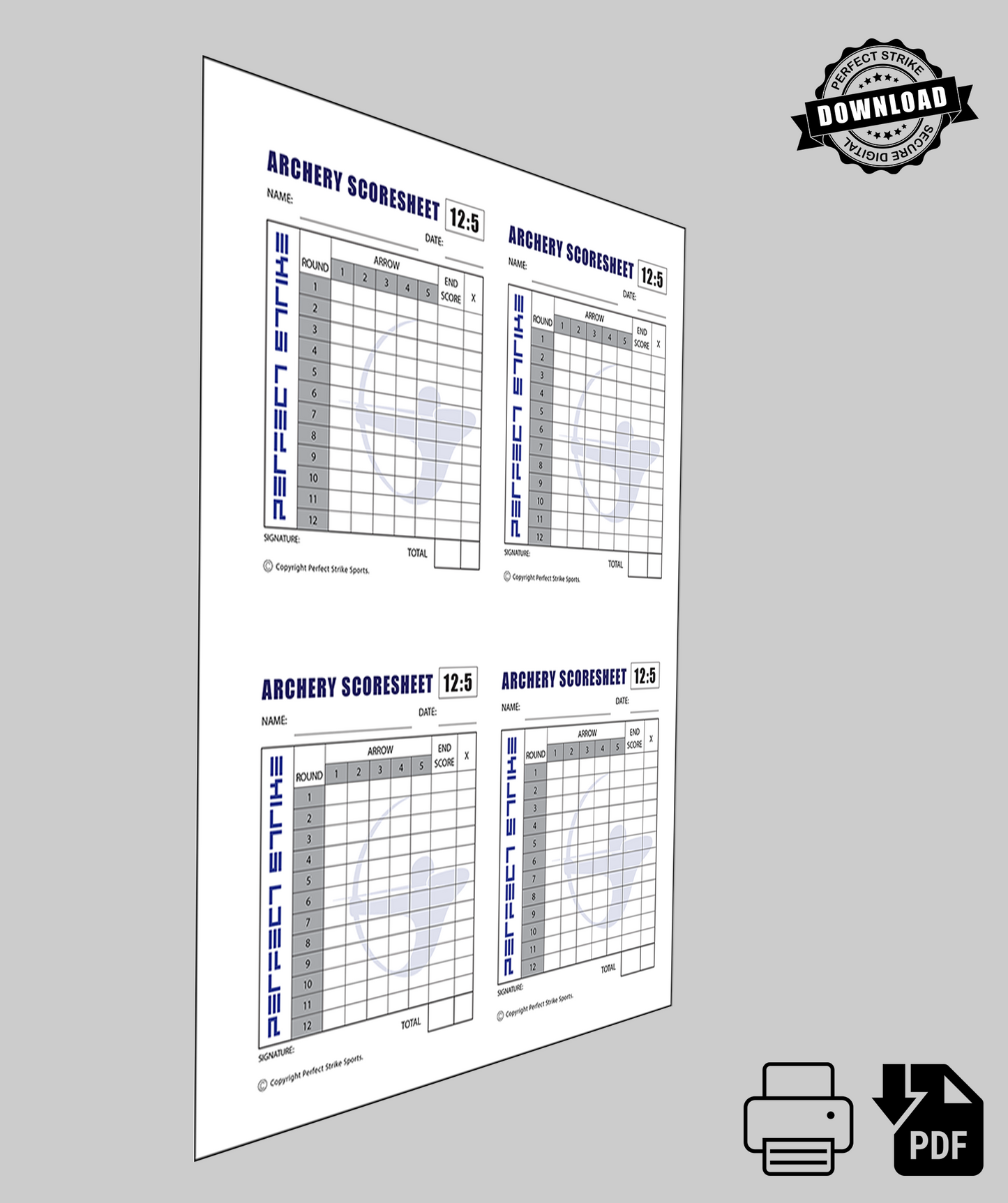 PRINT DOWNLOAD. Perfect Strike ARCHERY Scoresheet. Practice and Competition. (8.5" x 11") 12-5