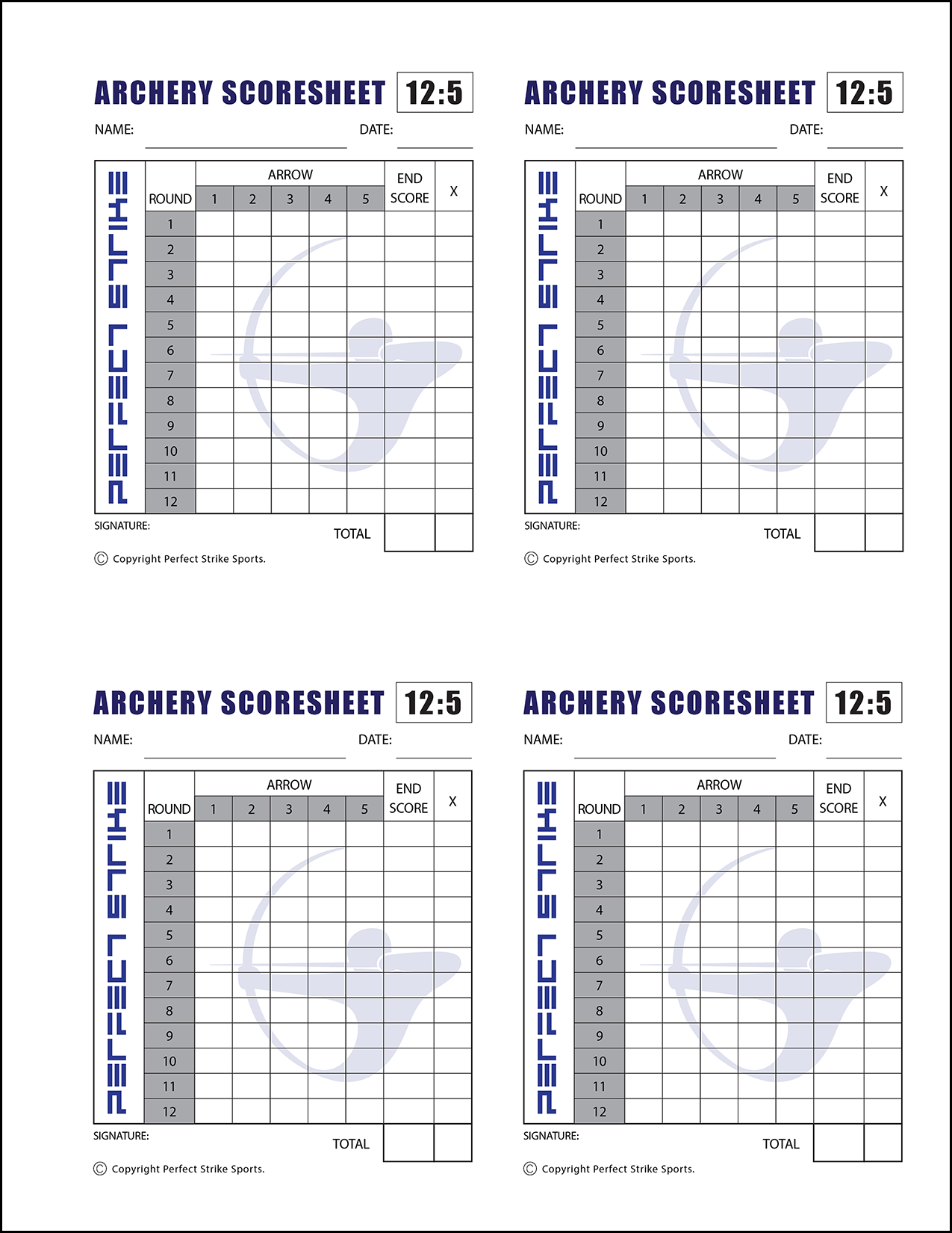 PRINT DOWNLOAD. Perfect Strike ARCHERY Scoresheet. Practice and Competition. (8.5" x 11") 12-5