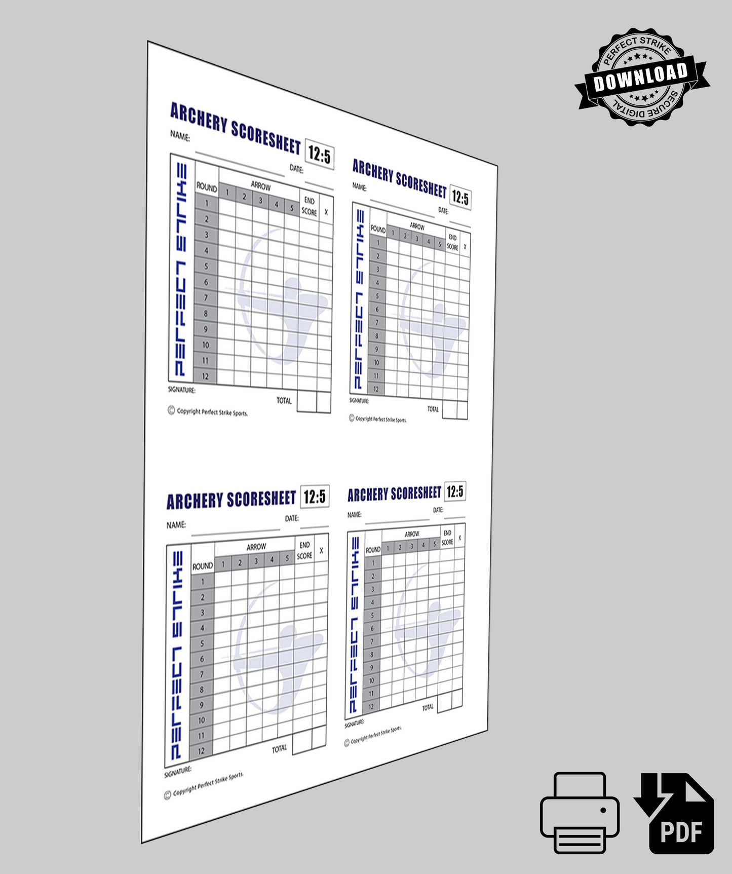 PRINT DOWNLOAD. Perfect Strike ARCHERY Scoresheet. Practice and Competition. (8.5" x 11") 12-5