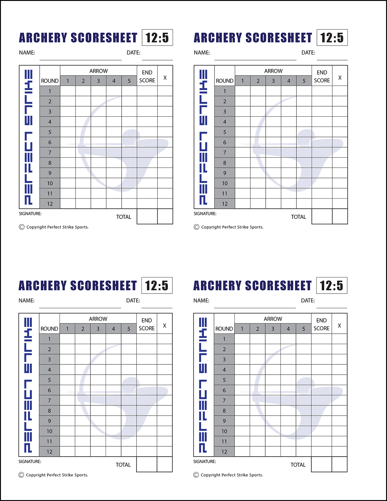 PRINT DOWNLOAD. Perfect Strike ARCHERY Scoresheet. Practice and Competition. (8.5" x 11") 12-5