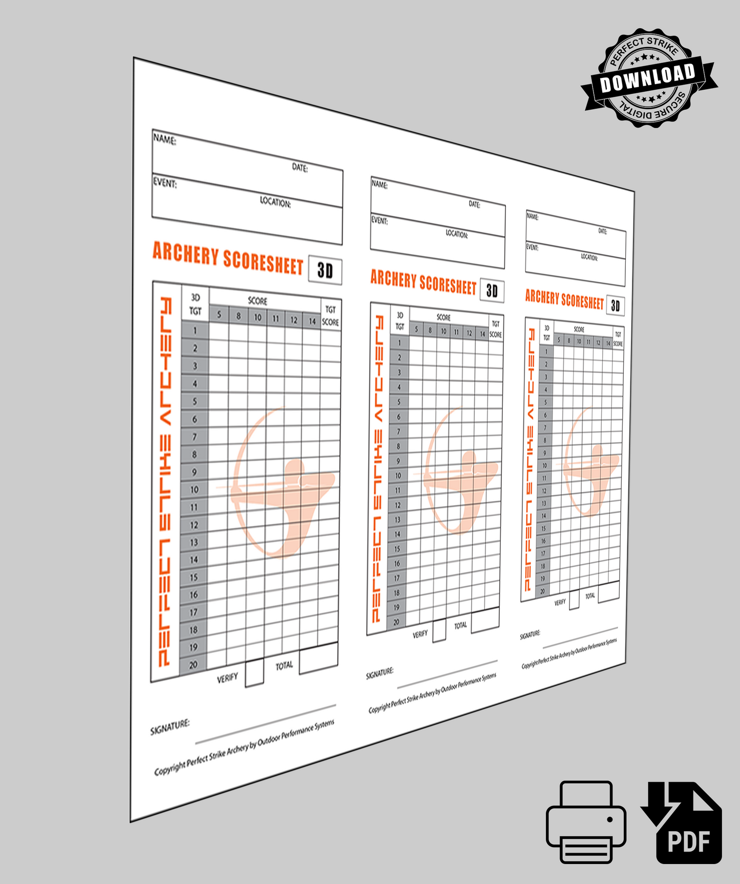 PRINT DOWNLOAD. Perfect Strike ARCHERY Scoresheet. Practice and Competition. (8.5" x 11") W-3