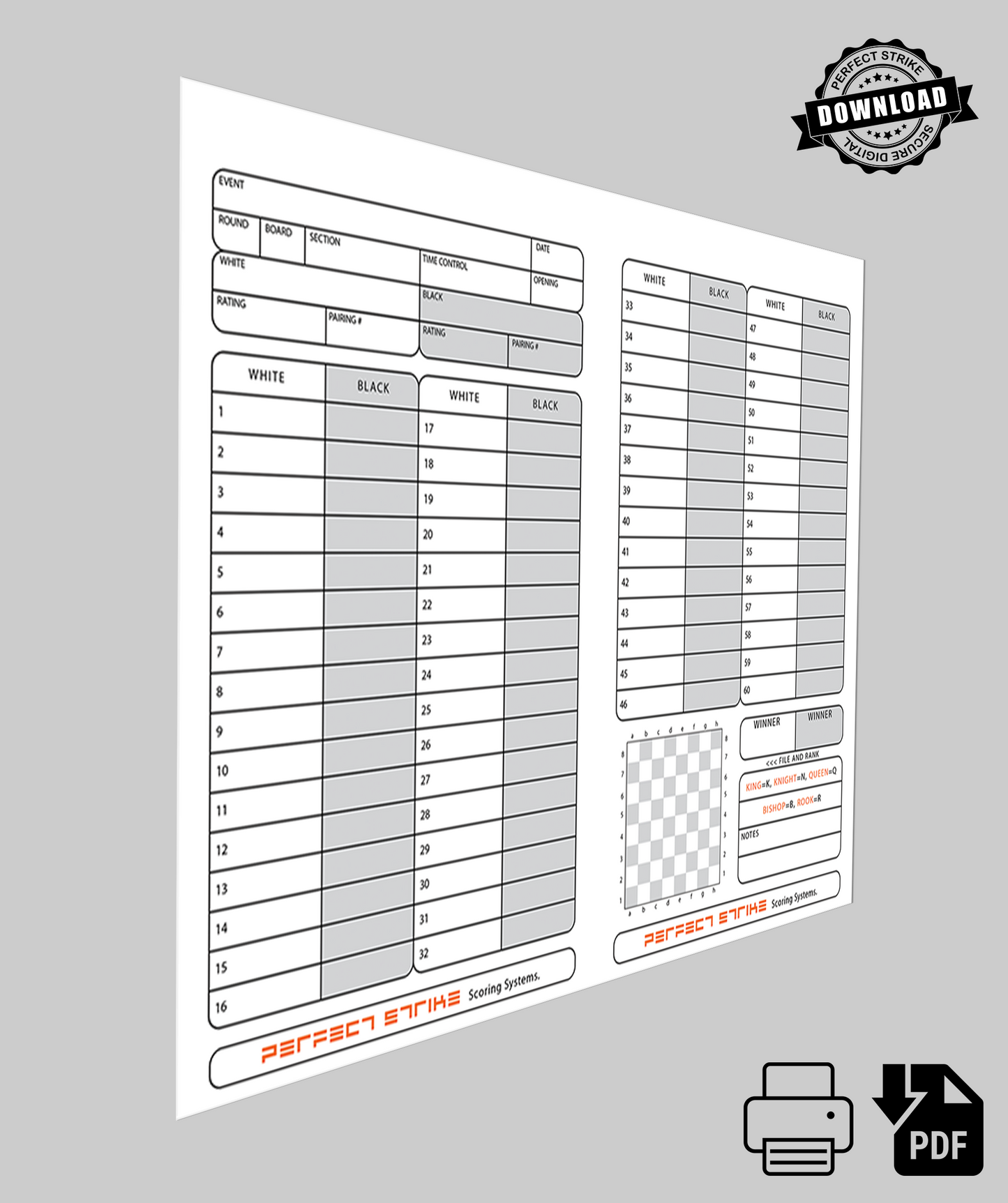 PRINT DOWNLOAD. Perfect Strike Chess SCORESHEET. Practice and Competition. (8.5" x 11") TS-60
