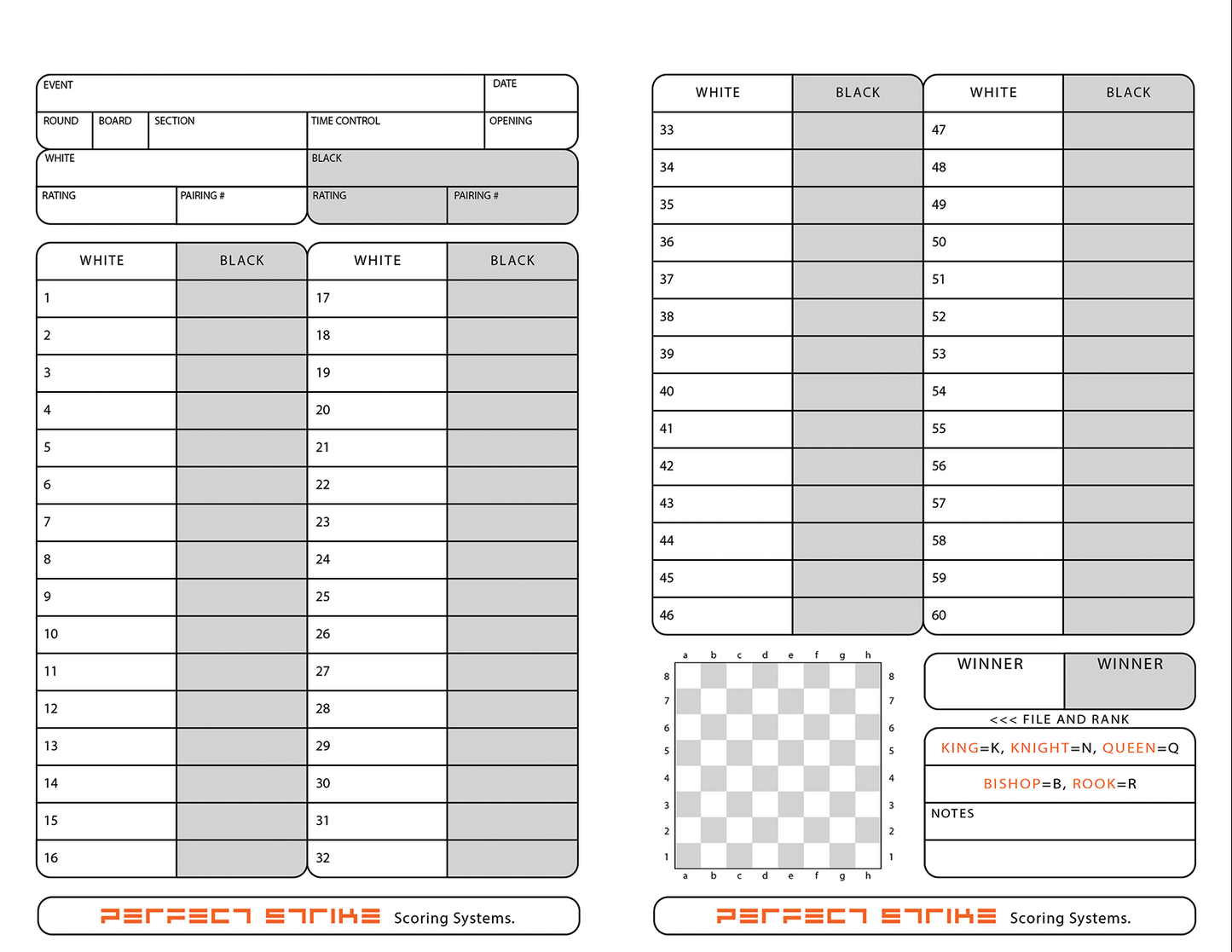 PRINT DOWNLOAD. Perfect Strike Chess SCORESHEET. Practice and Competition. (8.5" x 11") TS-60