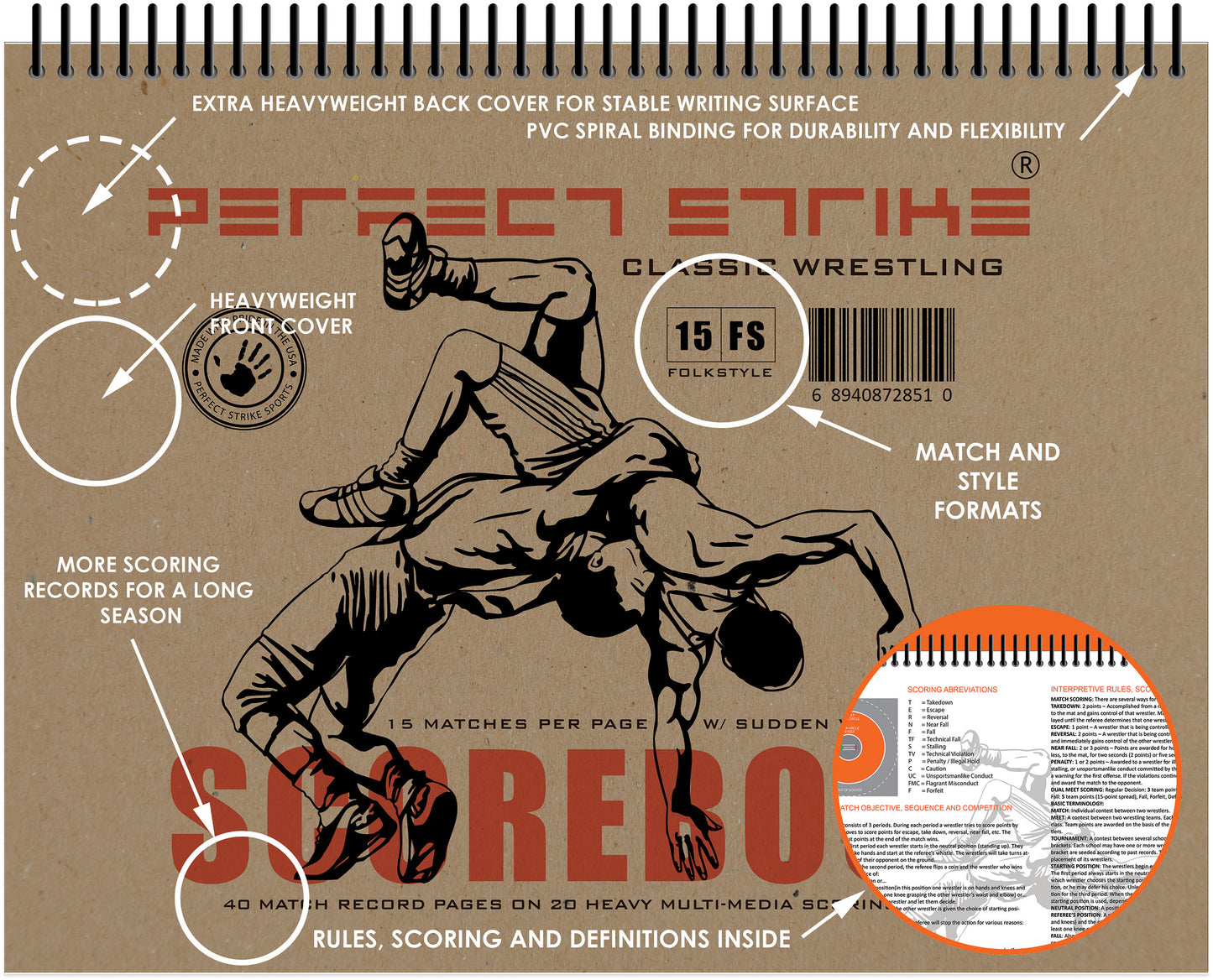 Perfect Strike WRESTLING Scorebook with Rules and Scoring Instructions. Heavy Duty. Meets and Tournaments. TS-15-FS-H
