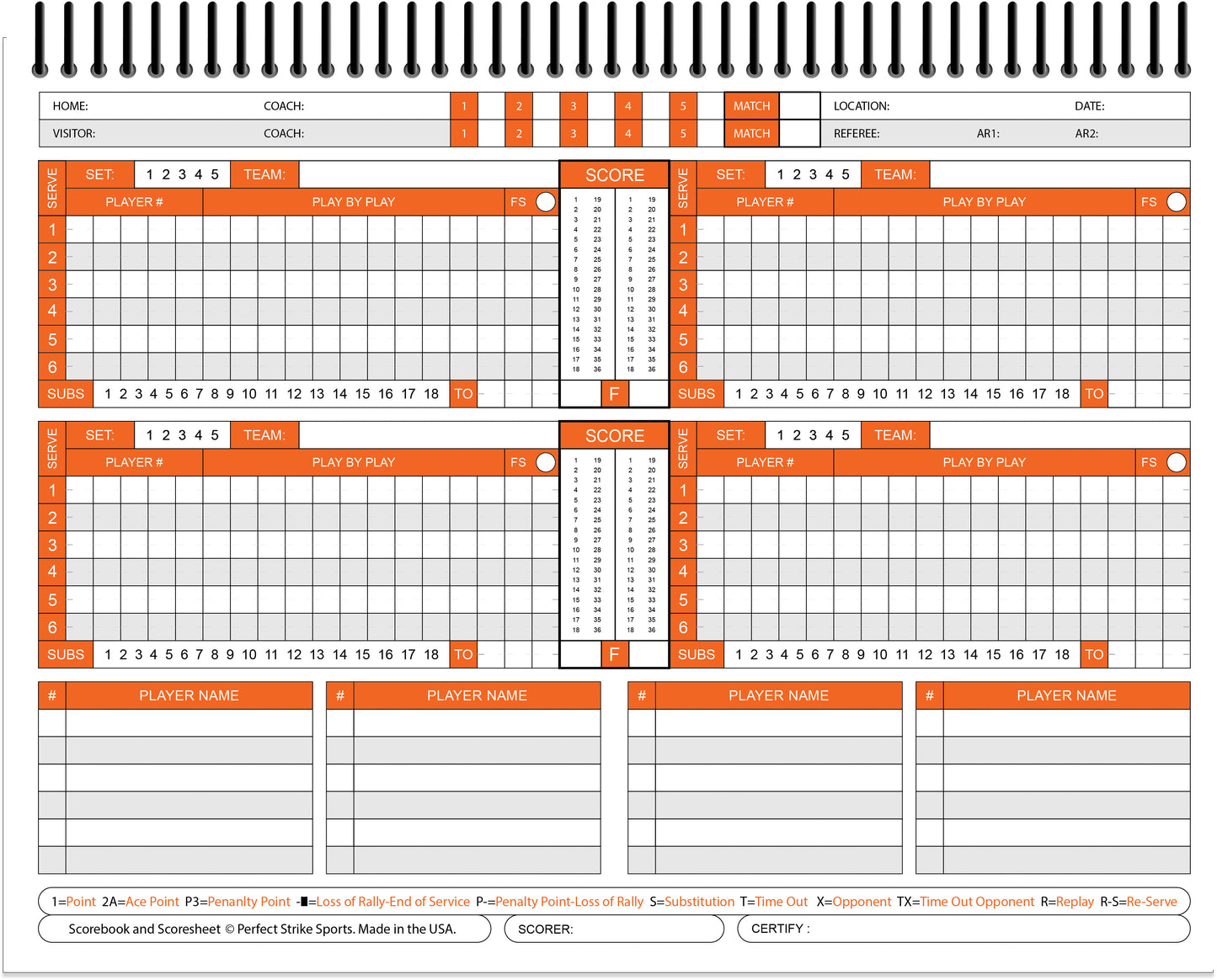 Perfect Strike VOLLEYBALL Scorebook with Rules and Scoring Instructions : Heavy Duty. Adult and Youth Volleyball. TS-6-6W-H