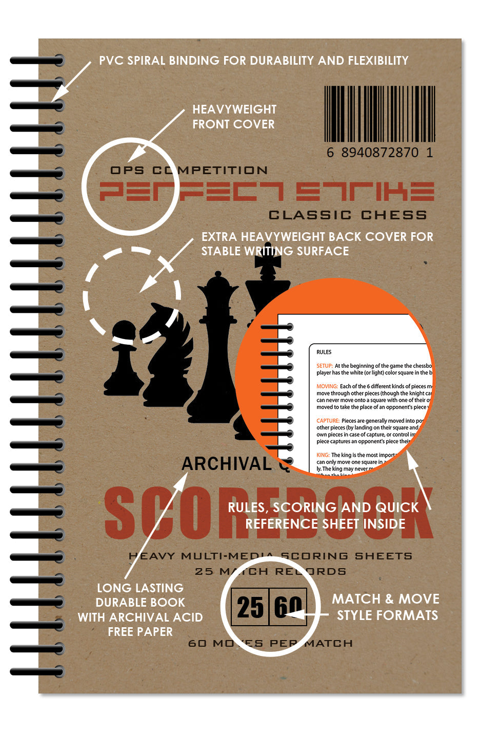 Perfect Strike Chess SCOREBOOK with Rules and Scoring Instructions. Heavy duty. Practice and Competition. (5.5" x 8.5") LS-25:60-AZ