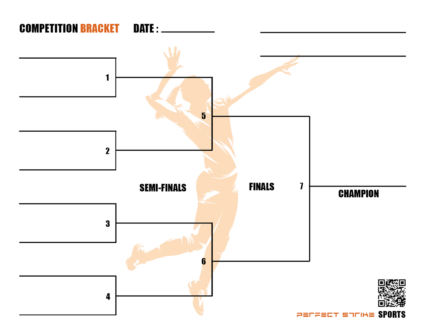 Perfect Strike Competition Brackets for Team tournaments or Skills competitions. Sheet Brackets for up to 8 participants. VOLLEYBALL-W.