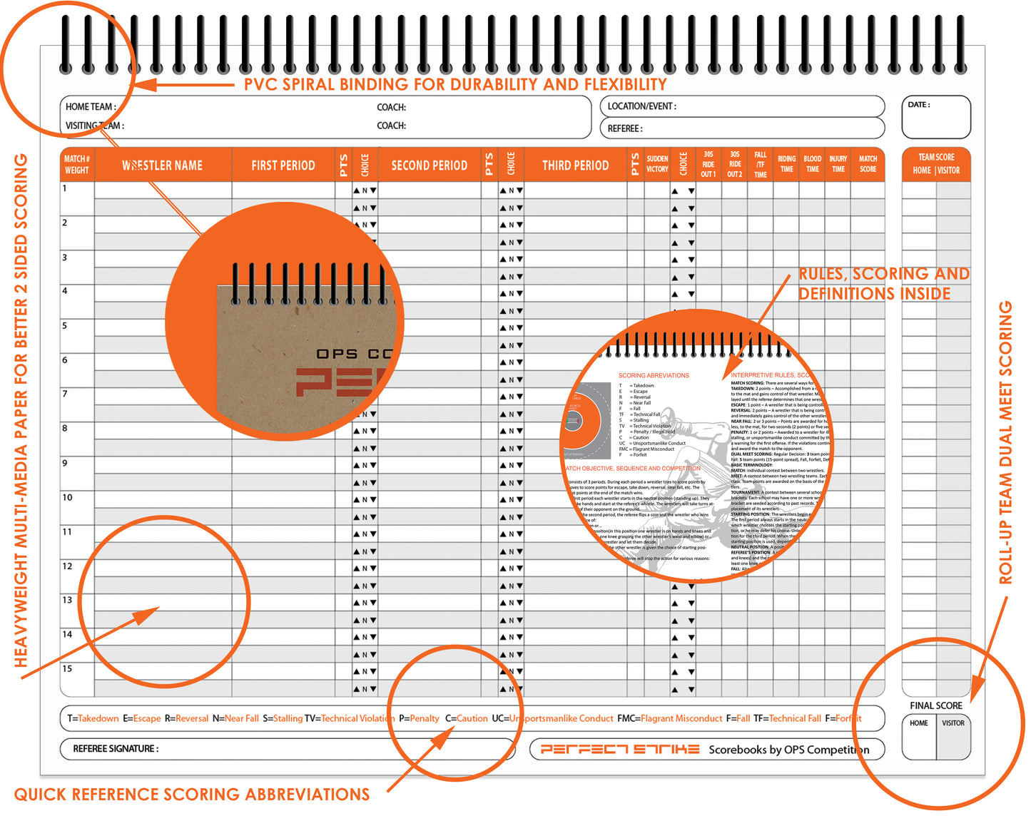 Perfect Strike WRESTLING Scorebook with Rules and Scoring Instructions. Heavy Duty. Meets and Tournaments. TS-15-FS-H