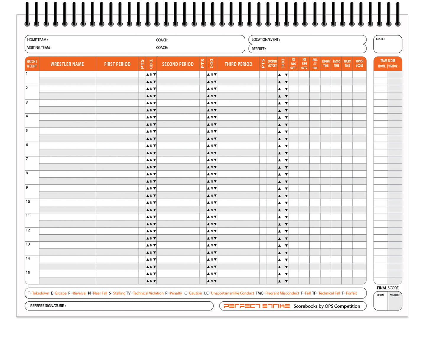 Perfect Strike WRESTLING Scorebook with Rules and Scoring Instructions. Heavy Duty. Meets and Tournaments. TS-15-FS-H