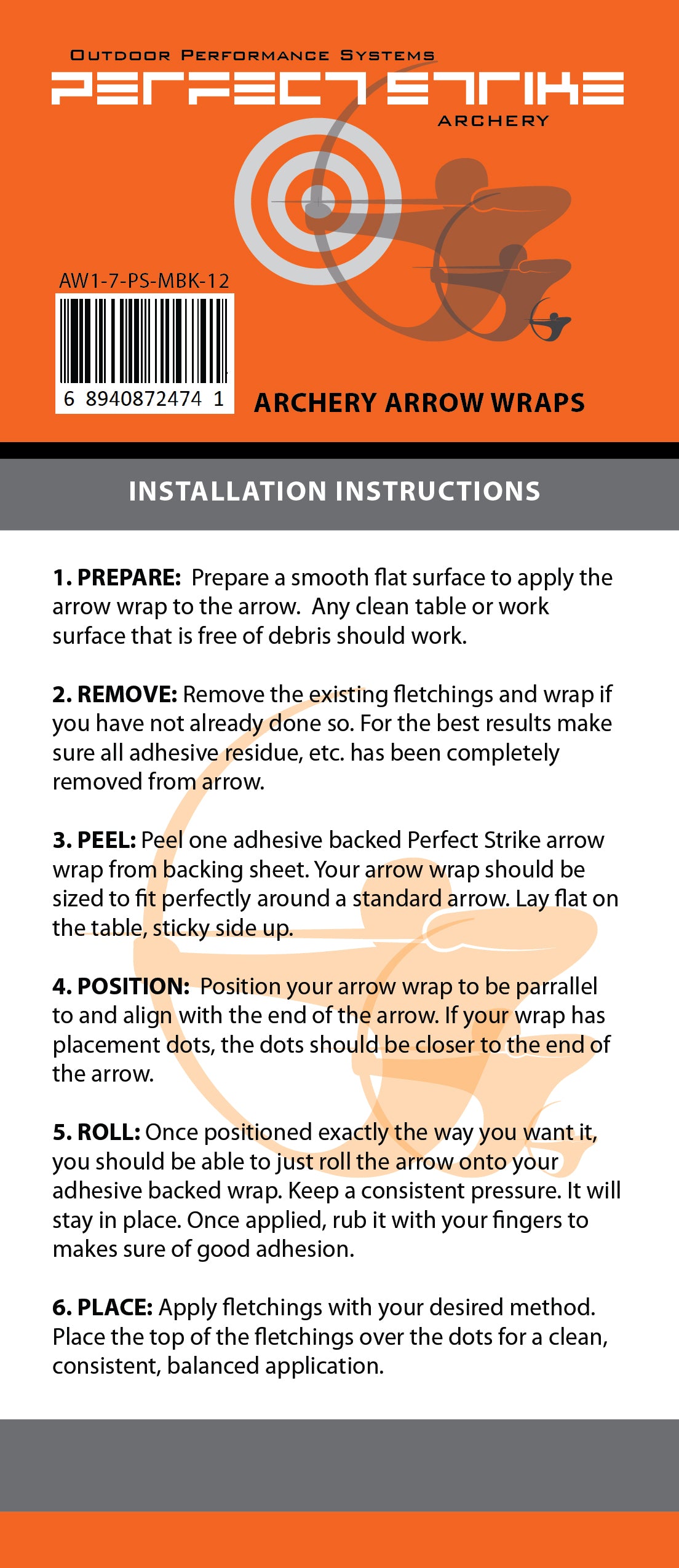 PERFECT FLETCH arrow cresting wraps by Perfect Strike Archery. MATTE ORANGE. Adhesive backed premium vinyl. 7" Arrow Wraps.