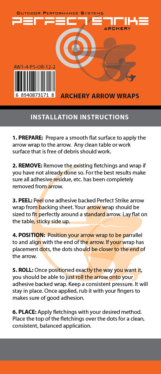 PERFECT FLETCH arrow cresting wraps by Perfect Strike Archery. MATTE ORANGE. Adhesive backed premium vinyl. 4" Arrow Wraps.